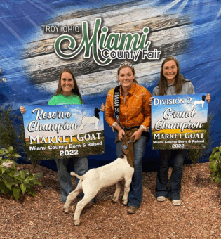 Three women and a goat at a county fair.