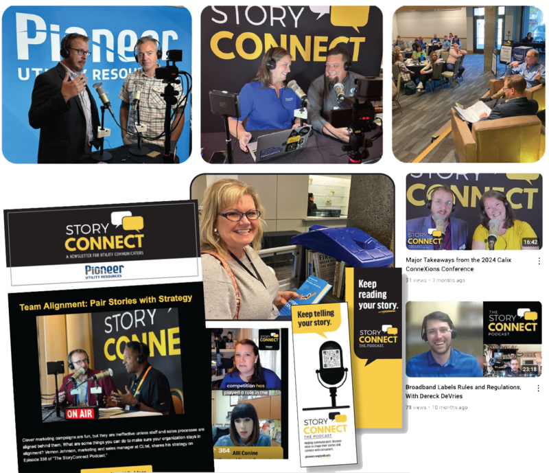 Mix of pictures from podcast recordings, the StoryConnect newsletter and podcast bookmarks.
