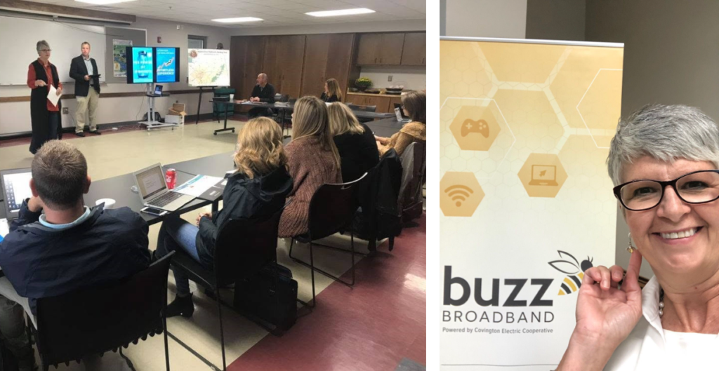 Two pictures. Carrie training in a room, and Carrie showing her bee earrings.