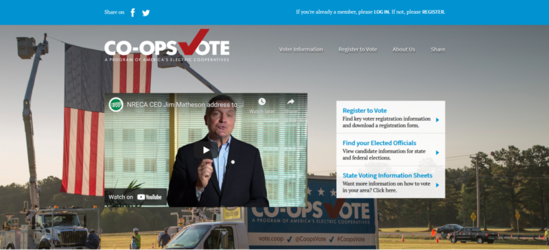 Website homepage for Co-ops Vote, vote.coop