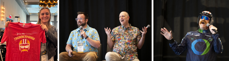 A series of three pictures: in one, a woman holds a Thundermania shirt. In teh next Patrick and Gene talk on stage. In the last one Chip Thunder speaks.