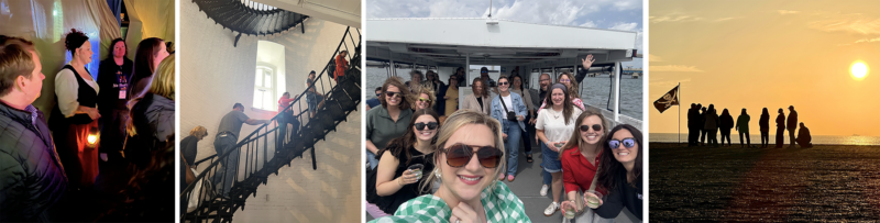 A set of four pictures showing networking adventures at StoryConnect: ghost tour, climbing a lighthouse, sailing and beach brainstorming.