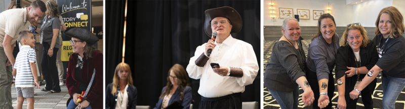 Shots of staff dressed as pirates and attendees with StoryConnect tattoos.