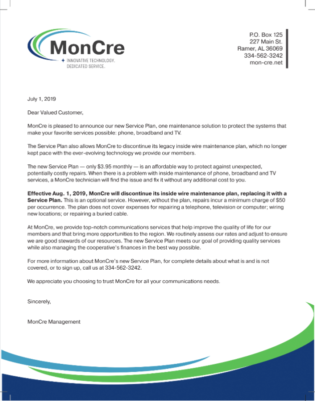 MonCre letter to members about changes