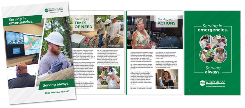 As hurricanes and the pandemic hit members in 2020, the Serving in Emergencies, Serving Always theme focused on commitment to community. WordSouth Photographer Melissa Gaines captured images to tell the story, and Jeremy wrote copy and designed the annual report to reflect the theme.